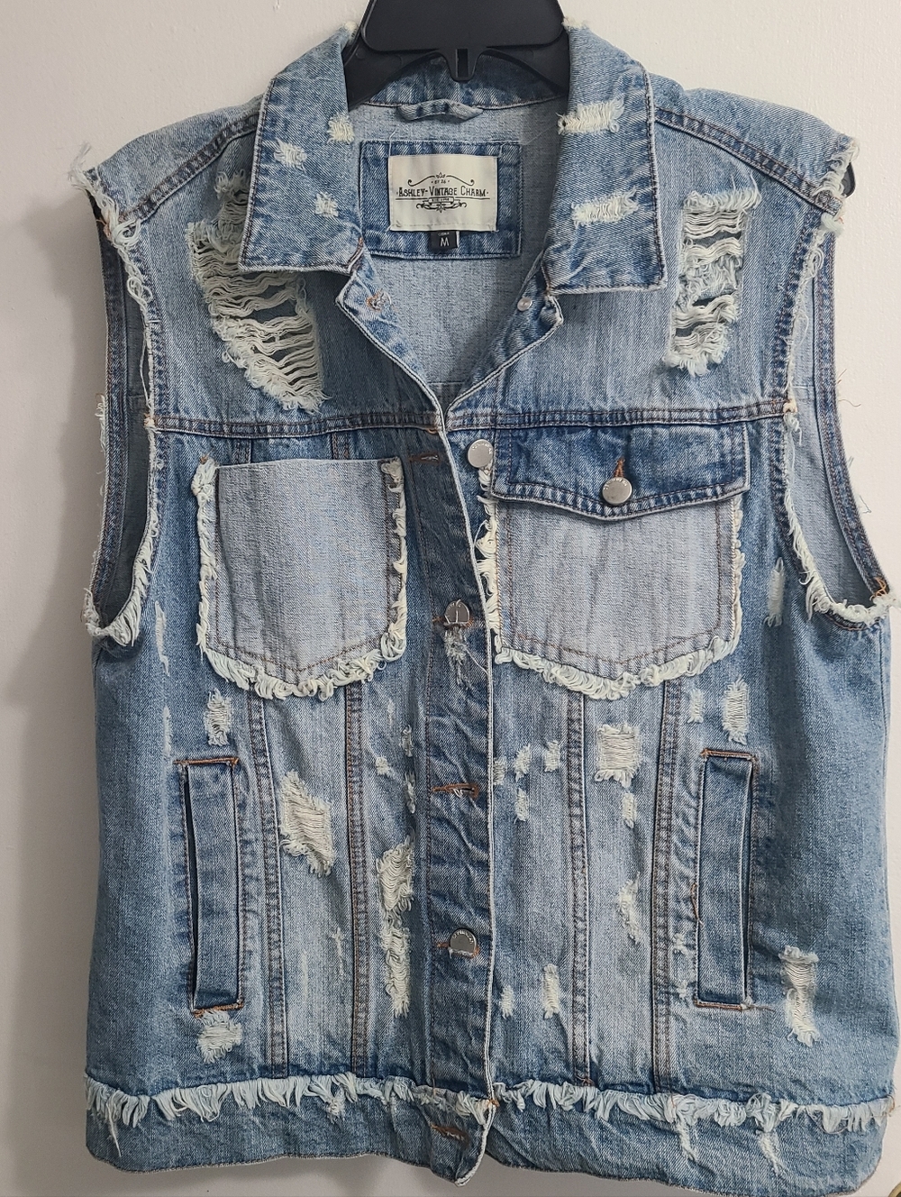 Ashley Vintage Charm Casual Trendy Fashion Distressed Vest Denim Jean Jacket S M